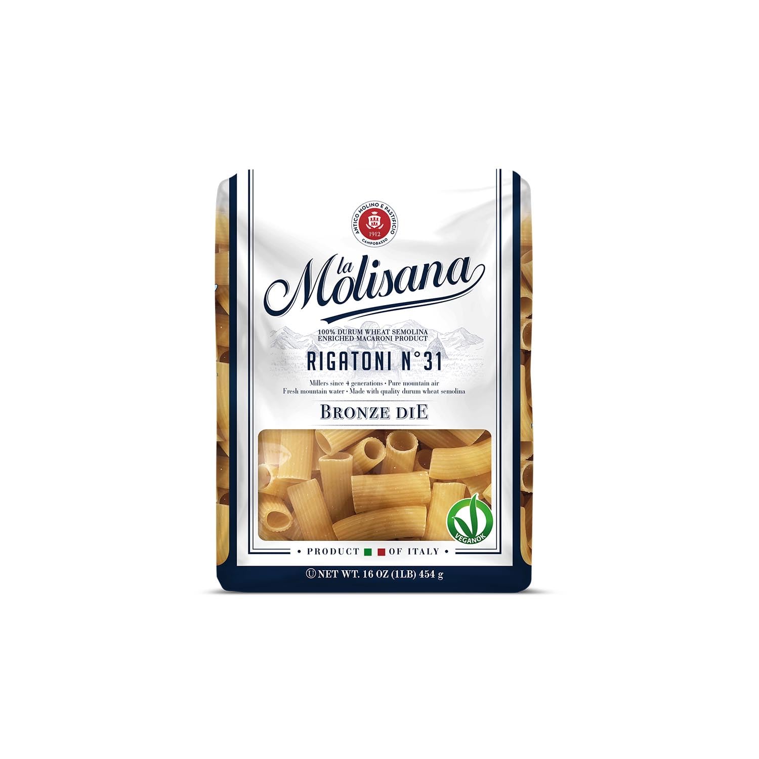 La Molisana Rigatoni N°31 Pasta, 16 oz, Premium Italian Durum Wheat Semolina, High Protein 14%, Bronze Die Cut Tube Pasta for Perfect Sauce Grip, Firm Al Dente Texture, Ideal for Baked Pasta & Rich Meat Sauces, Made in Italy