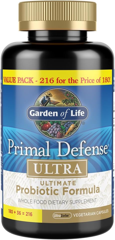 Garden of Life Whole Food Probiotic Supplement - Primal Defense ULTRA Ultimate For Digestive and Gut Health, 216 Vegetarian Capsules