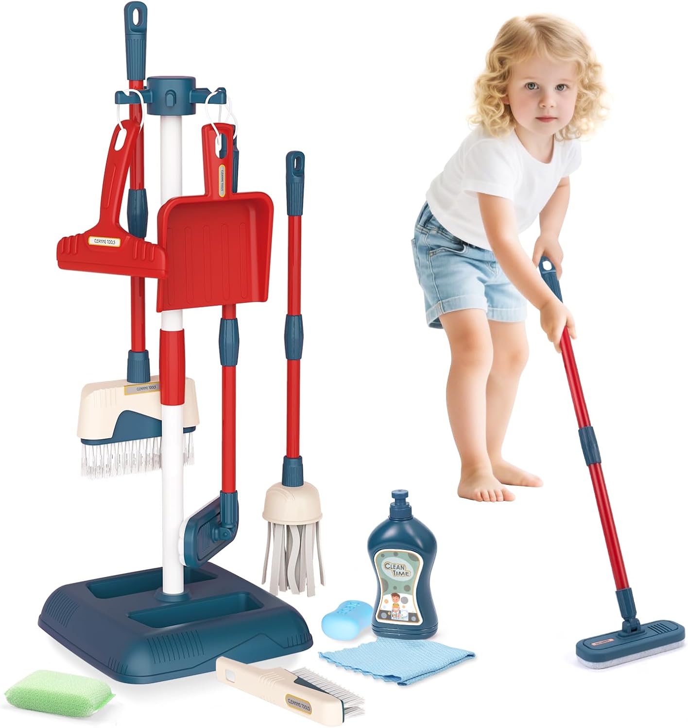 Toddler Toys Cleaning Set, Kids Cleaning Toy Stand Set, Pretend Play Home Cleaning Tools Toys Playset,Broom, Dustpan, Mop, Duster