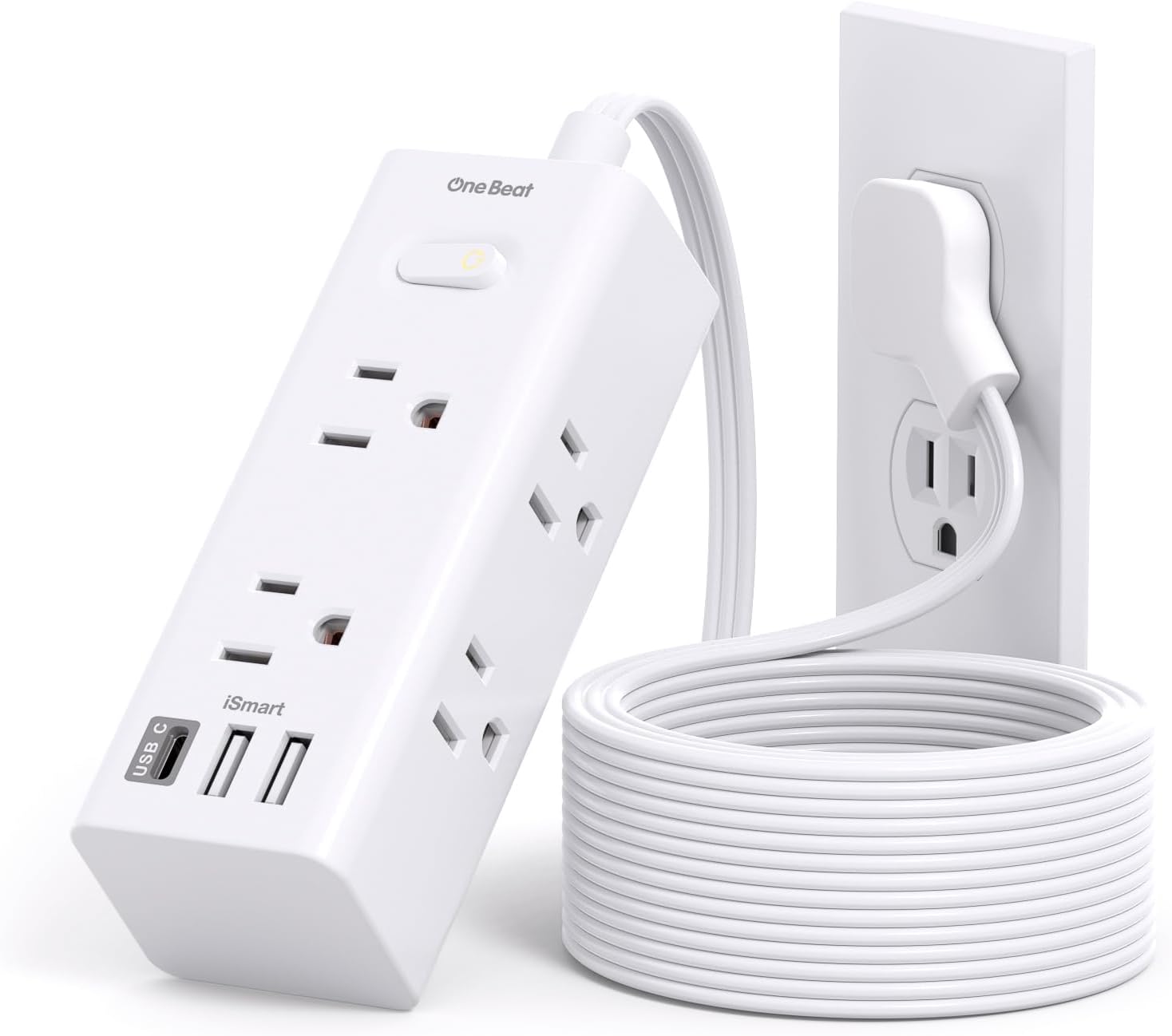 One Beat 10Ft Extension Cord with Multiple Outlets,Flat Plug Power Strip Surge Protector with 10 Ft Long Cord,6 Outlet 3 USB Ports (1USB C),Multi Outlet Wall Plug for Travel,College,Dorm Essentials