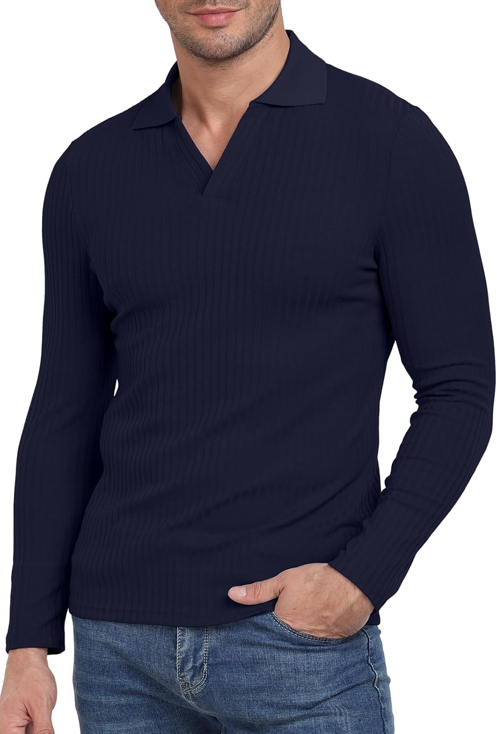 AIYINO Men's Muscle V Neck Polo Shirts Slim Fit Long Sleeve Golf T-Shirts Ribbed Knit Soft Casual Tees