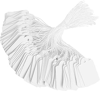 400 Pcs Price Tags with String Attached, 1.38" x 0.87" White Paper Hang Tags, Marking Strung Writable Garage Yard Tags, Display Label for Jewelry, Clothing, Retail, Labeling, Gift