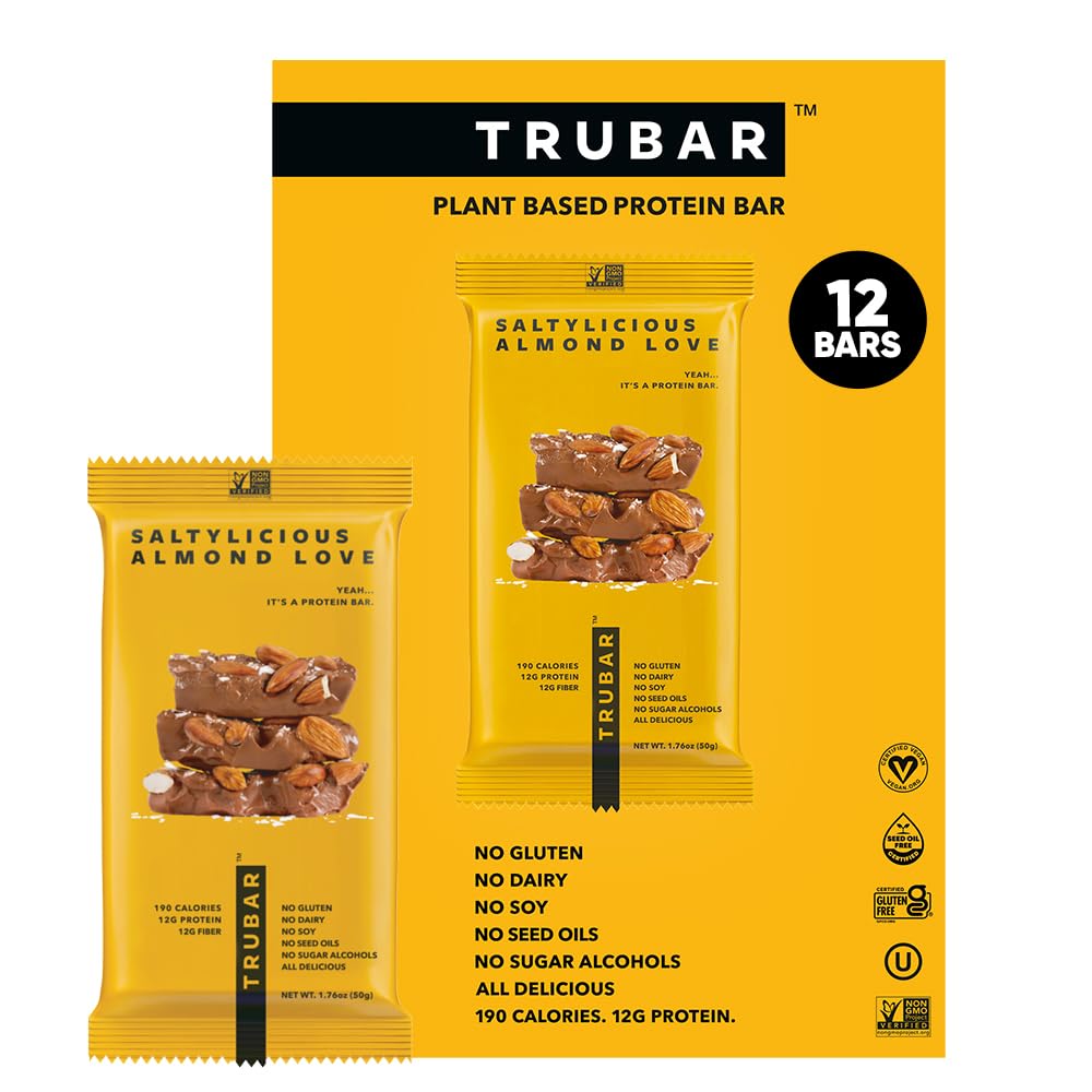 TRUBAR Vegan Protein Bar, Saltylicious Almond Love, Gluten Free, Plant Based, High Fiber, Dairy Free, Low Fat, Non GMO, No Sugar Alcohols, 12G Lean Protein, 13G Fiber, Healthy Snack Bars, 12 CT