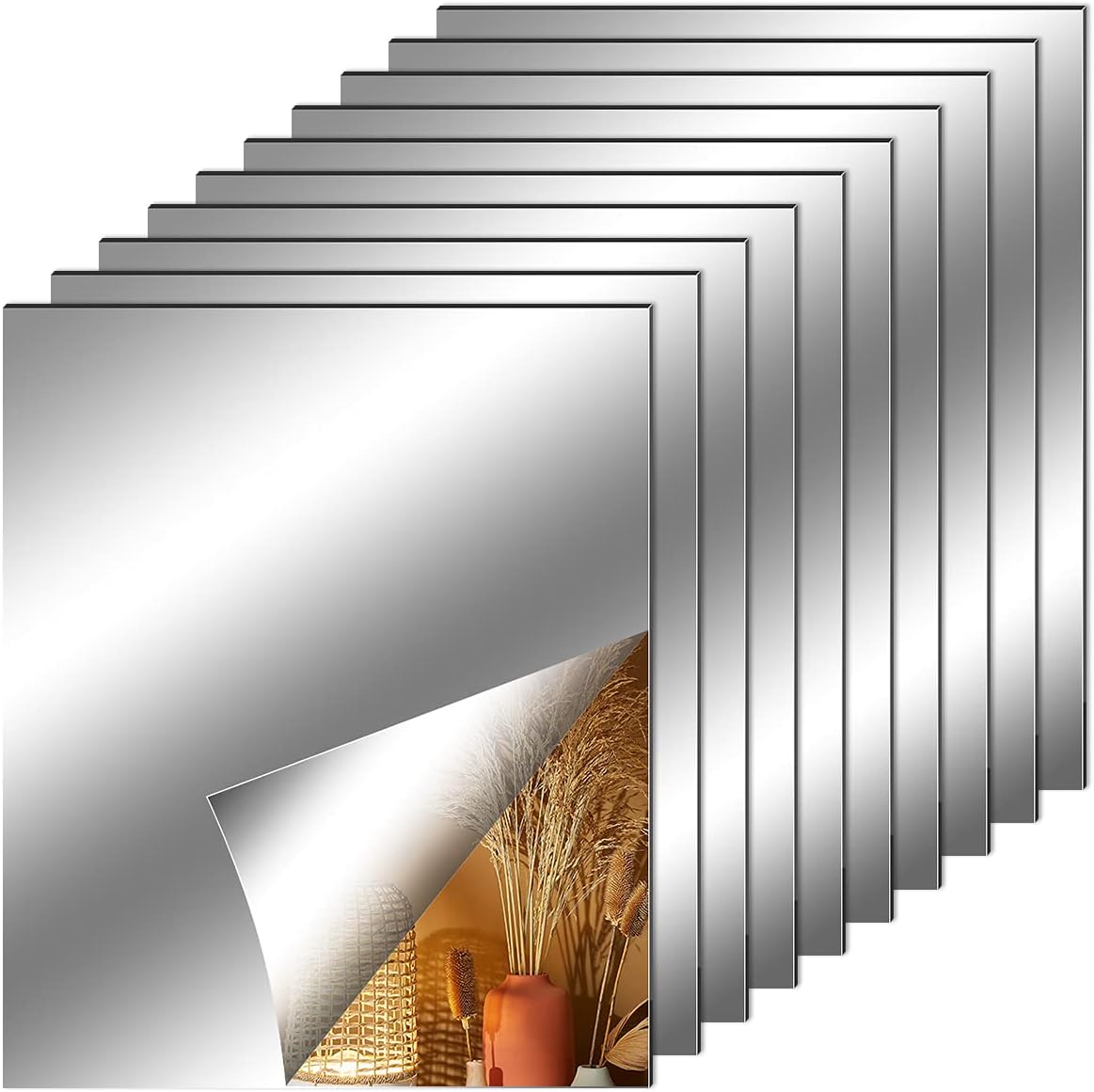 Fantasyon 10 Pieces Flexible Mirror Sheets, Self Adhesive Decorative Plastic Mirror Tiles Non-Glass Mirror Stickers for School Educational and Home Wall Decor (6x8 Inch)