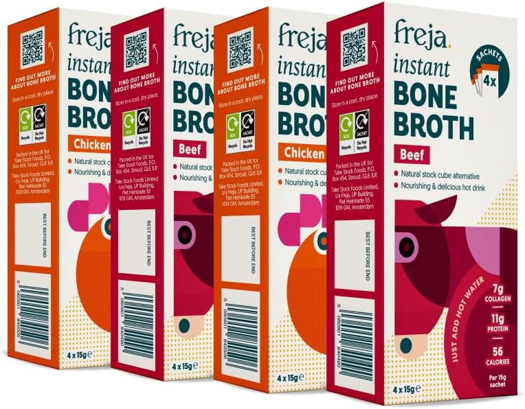 Freja Best of Instant Bone Broth | Beef & Chicken | 100% Natural | Rich in Collagen, Protein & Amino Acids | Dairy & Gluten Free, 4 boxes (4 x 15g Sachets Per Box)