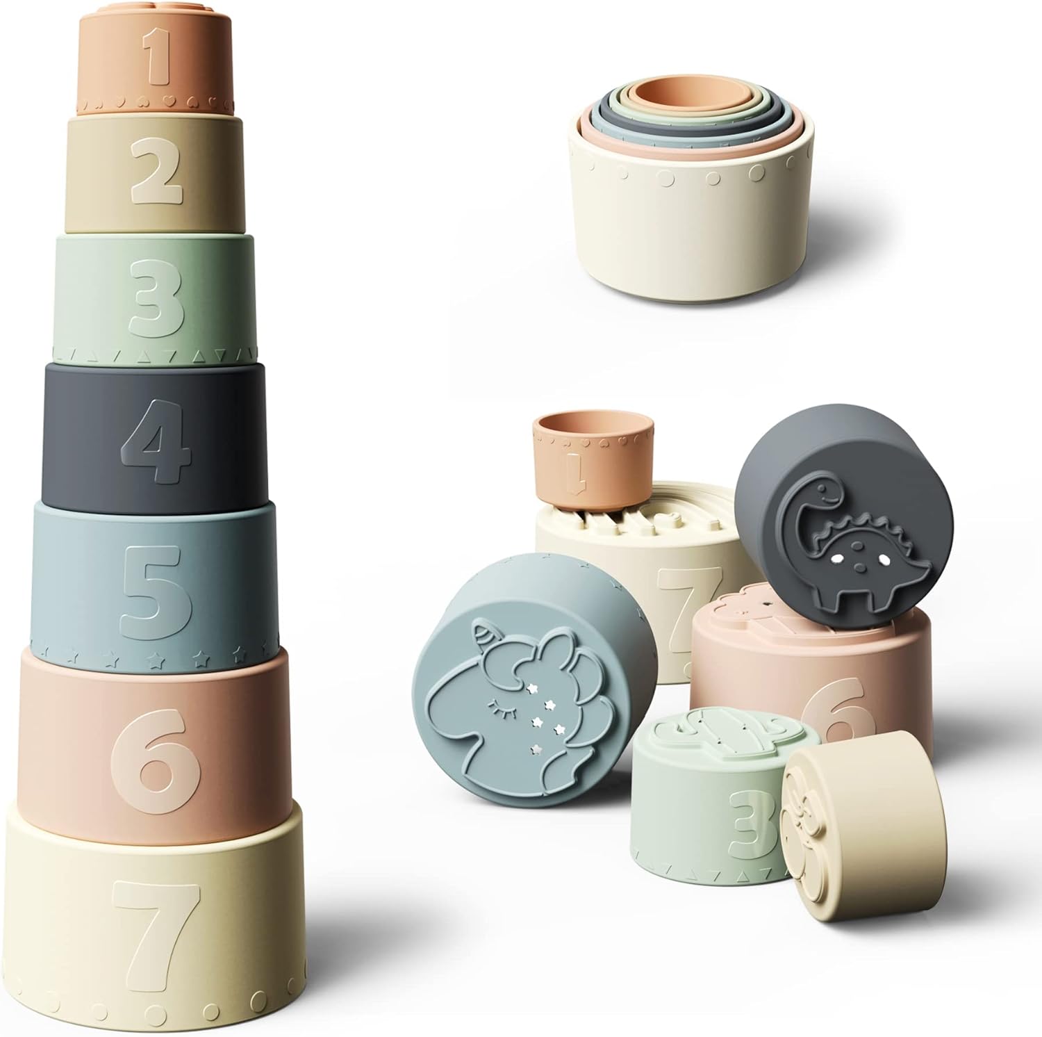 Moonkie Baby Stacking Cups Toy Silicone, Teether for Baby, Early Development & Activity Toys, Silicone Soft Teething Toy, for Bath Play, Stacking Toys 7 Piece Set