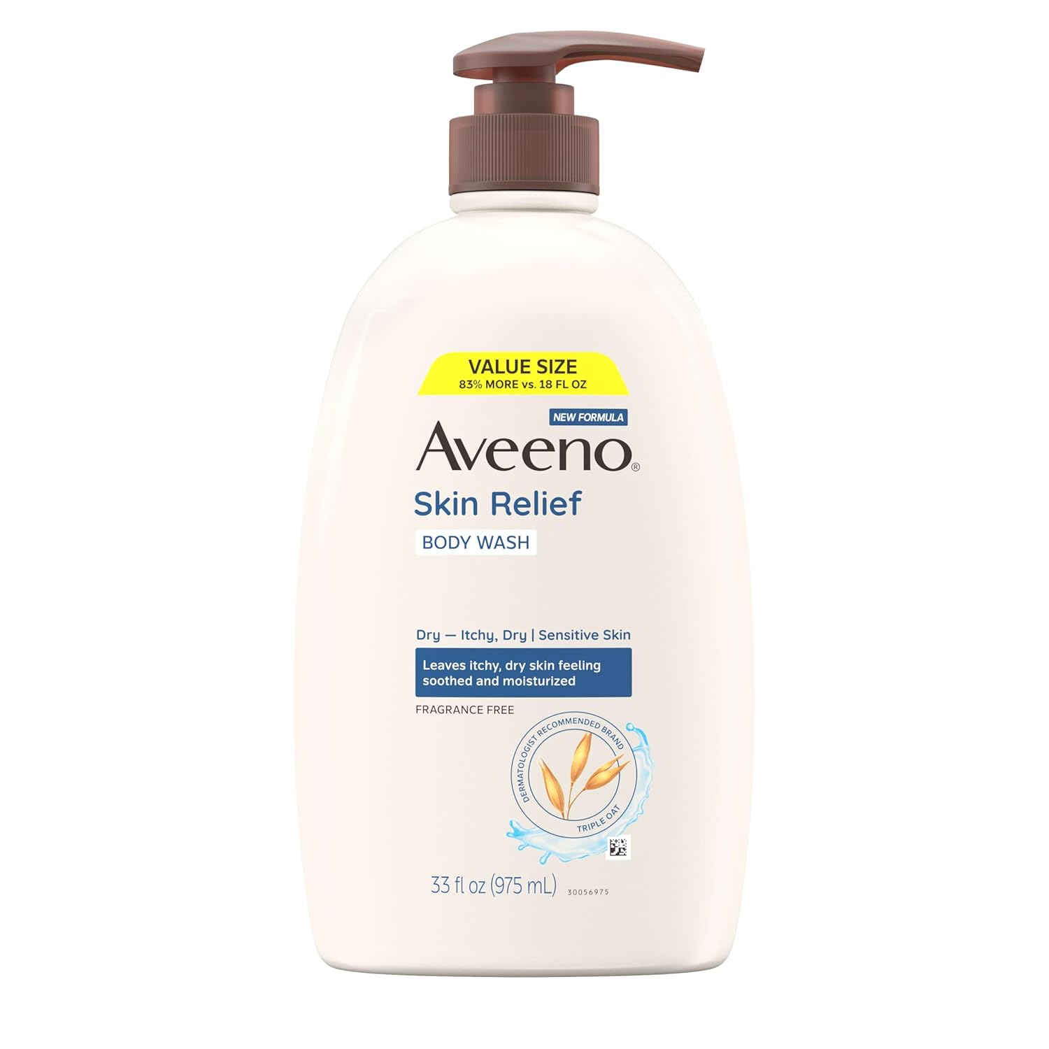 Aveeno Skin Relief Body Wash, Fragrance-Free with Triple Oat Formula, Gentle Daily Cleanser for Sensitive Skin Leaves Itchy, Dry Skin Feeling Soothed & Moisturized, Soap-Free, 33 fl. oz