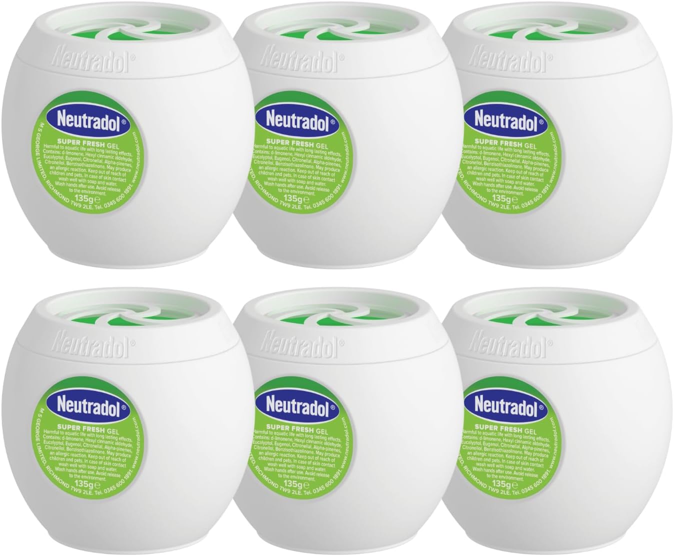 Neutradol Slow Release Gel, Air Freshener and Odour Eliminator, No Plug or Spray Needed, Super Fresh, Multipack of 6 x 135g