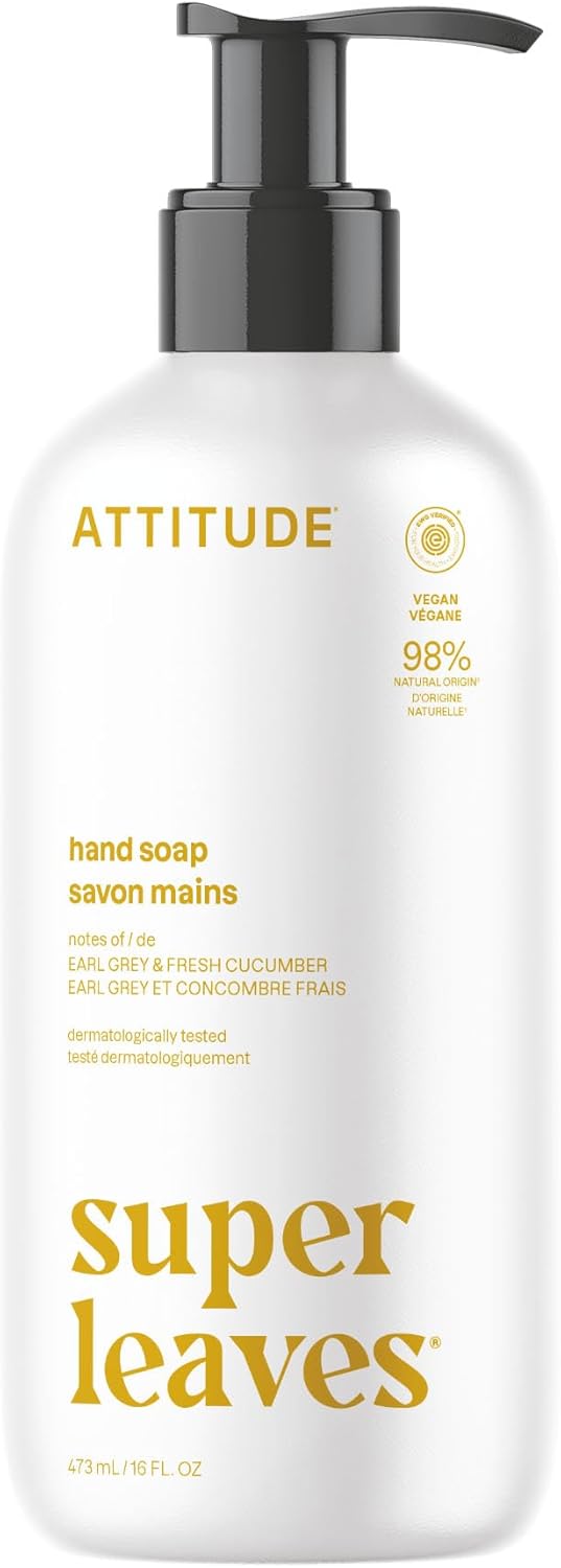 ATTITUDE Liquid Hand Soap, EWG Verified, Plant and Mineral-Based, Vegan Personal Care Products, Lemon Leaves, 473 mL