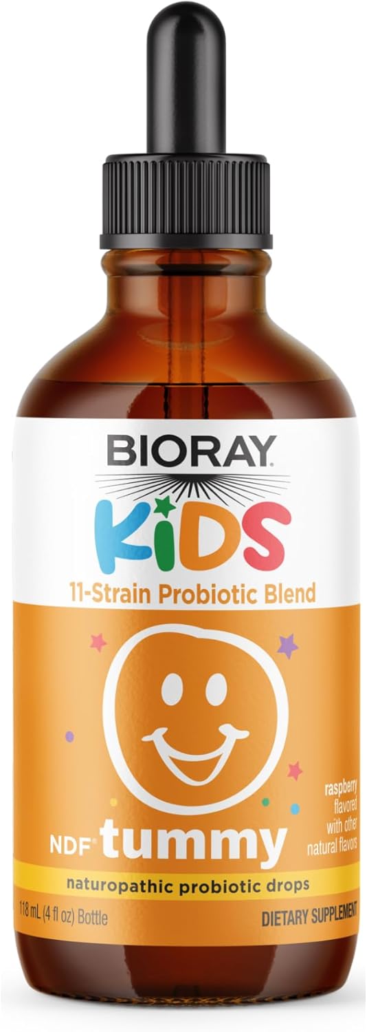 BIORAY Kids NDF Tummy, Raspberry - 4 fl oz (120 mL) - 11-Strain Probiotic Blend - Supports The Immune Response in The GI Tract - Non-GMO, Vegan, Gluten Free - Approx. 120 Servings