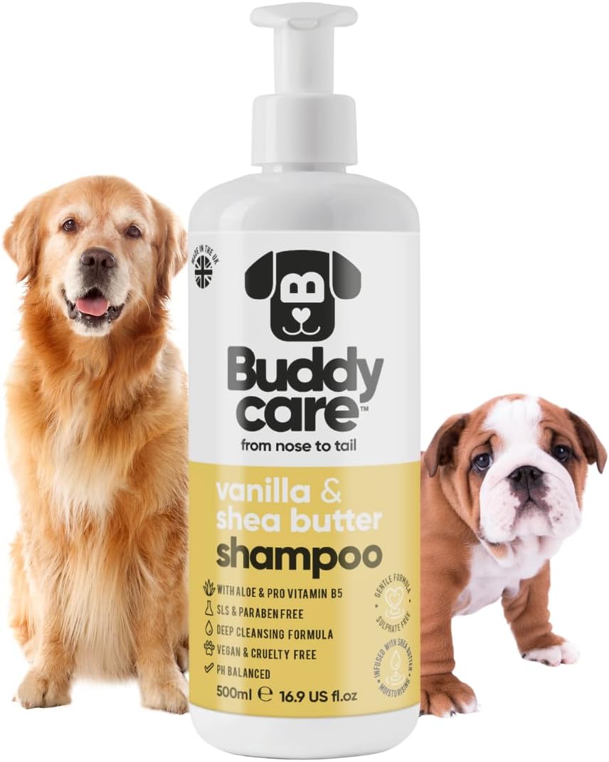 Buddycare Vanilla & Shea Butter Dog Shampoo Sensitive Skin | Moisturising Shampoo for Dogs | Vanilla & Shea Butter Scented | With Aloe Vera and Pro Vitamin B5 (500ml)