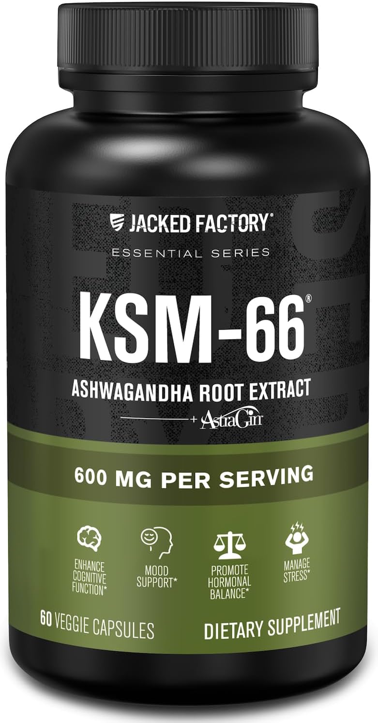 Jacked Factory Ashwagandha Root Extract (KSM-66 Ashwagandha) w/ 5% Withanolides - Supplement for Natural Stress Relief, Cognitive Function, Vitality, and Mood Support - 60 Veggie Capsules