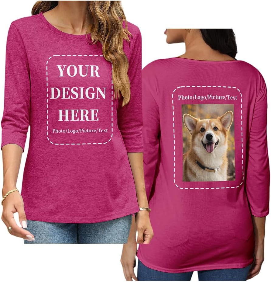 Custom Shirts for Women with Image/Text 3/4 Length Sleeve Womens Tops Personalized Fitted Tshirts Customized Shirts