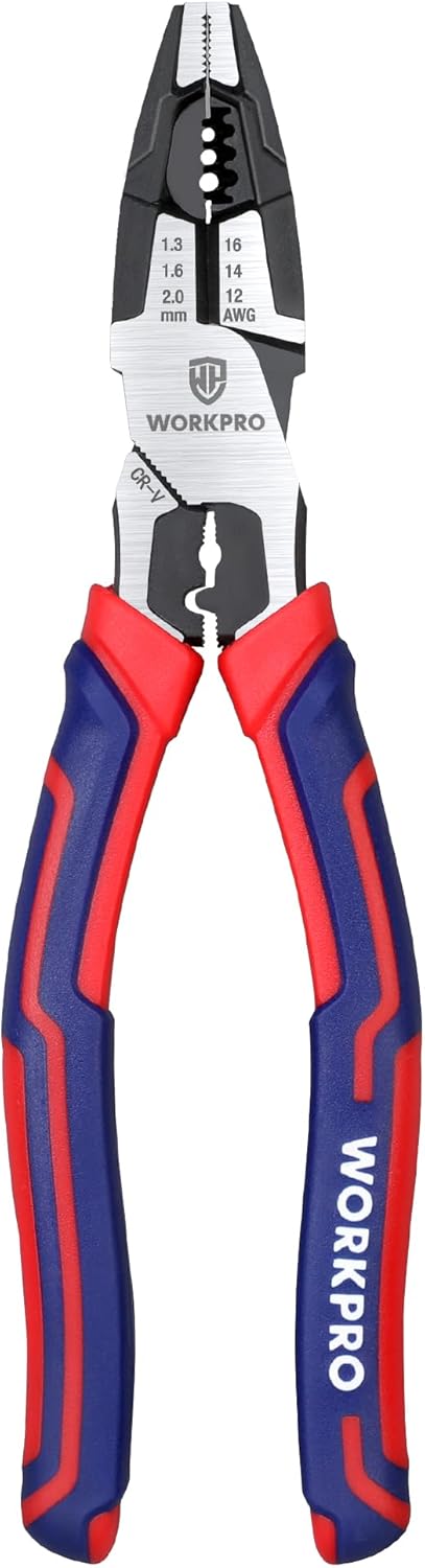WORKPRO 5-in-1 Combination Pliers with Wire Stripper/Crimper/Cutter/Wrench, 200 mm Linesman Pliers for 16-12 AWG (1.3-2.0 mm) Wire, Cr-V Multi Hand Tools for Electrician