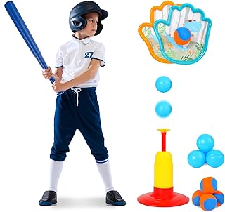 T Ball Set Toys for Kids,2 in 1 Tee Ball Set with Auto Ball Launcher & Adjustable Batting Bat Velcro Ball and Catch Game, Outdoor Games Sports Toy Gift for Toddlers Boys Girls Ages 3-5 5-8