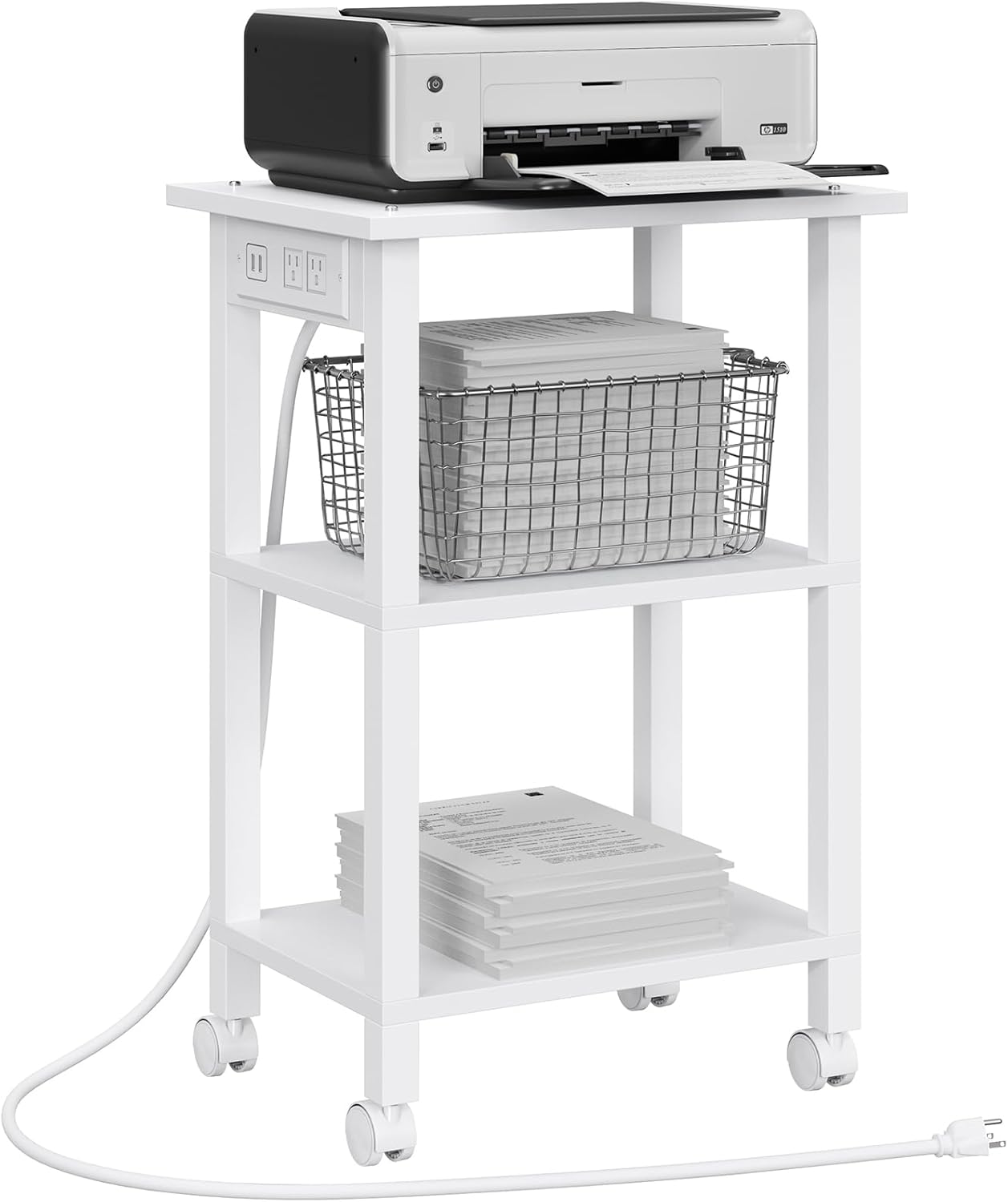 TUTOTAK 3 Tier Printer Stand, Rolling Printer Cart with Power Outlets and USB Ports, Mobile Printer Table with Wheels, for Under Desk, Office, Home, White PS02BW001