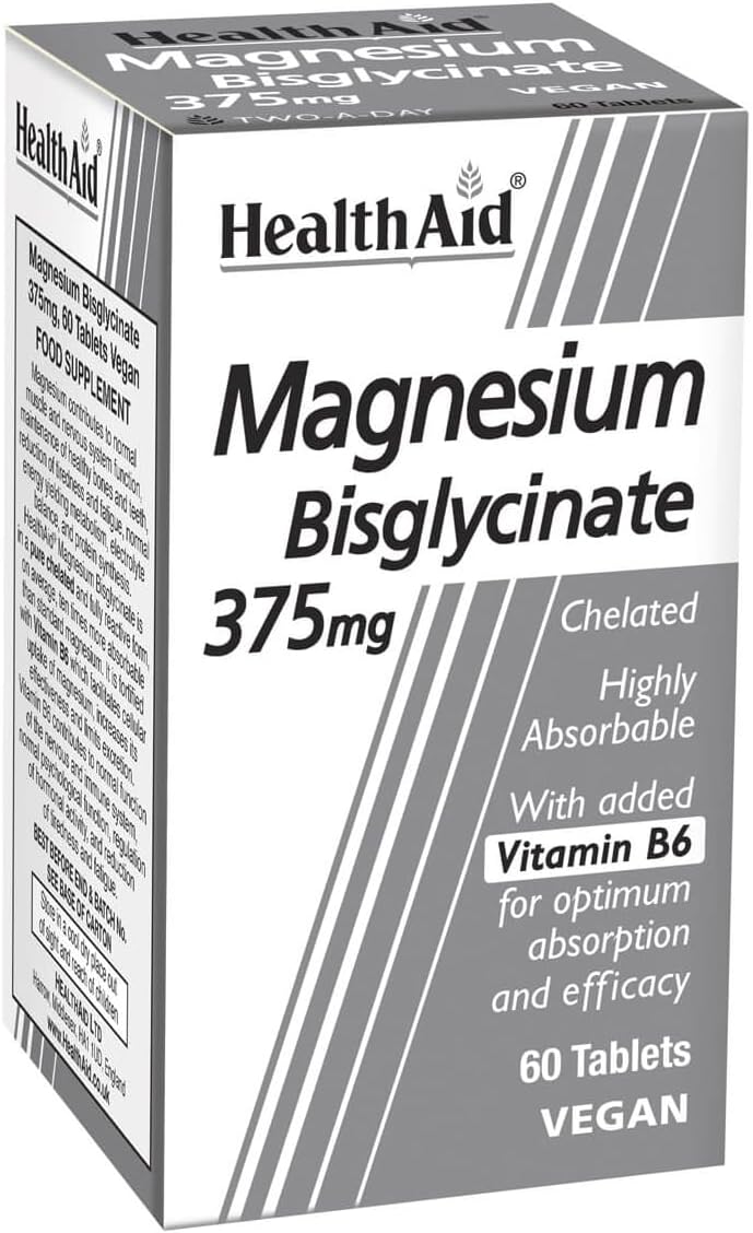 HealthAid Magnesium Bisglycinate - 750mg Chelated Magnesium and 150mg of Elemental - Muscle and Sleep Support - Gentle on Stomach - 60 VeganTablets