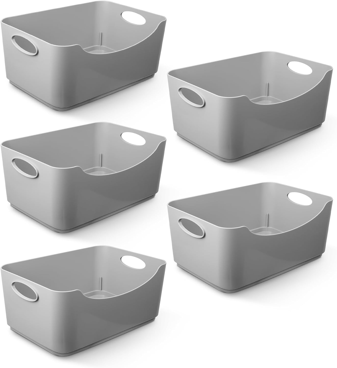 KEPLIN 5 Pack Grey Plastic Studio Storage Basket, Portable Container Boxes with Handles for Storage Organisation in Home & Office, Shelfs, Drawers, Kitchen & Cupboards (25.5x17x11cm)