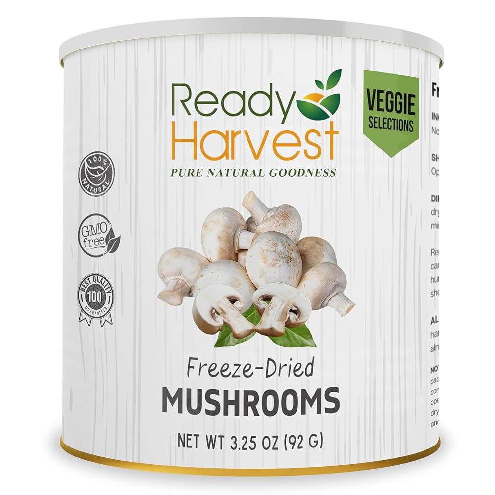 Ready Harvest Freeze-Dried Mushroom for Emergency Food Supply | Camper Must-Haves Camping Essentials | Hurricane Preparedness Items, Survival Food, Pantry Staples | #10 Can | 25-Year Shelf Life