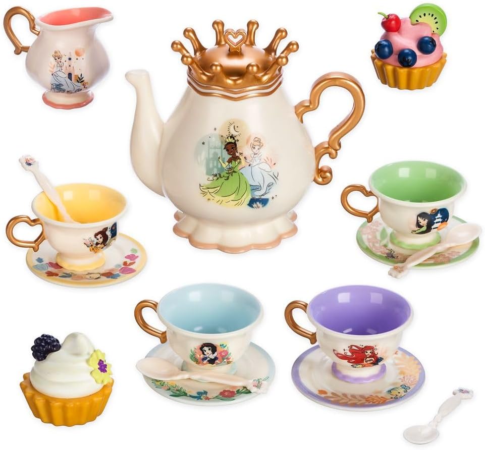 Disney Store Official Princess Tea Set with Sound Effects & Character Art Showing Snow White, Cinderella, Ariel, Belle, Tiana and More, 16-Piece Pretend Play Set with Music & Pouring Sounds for Kids