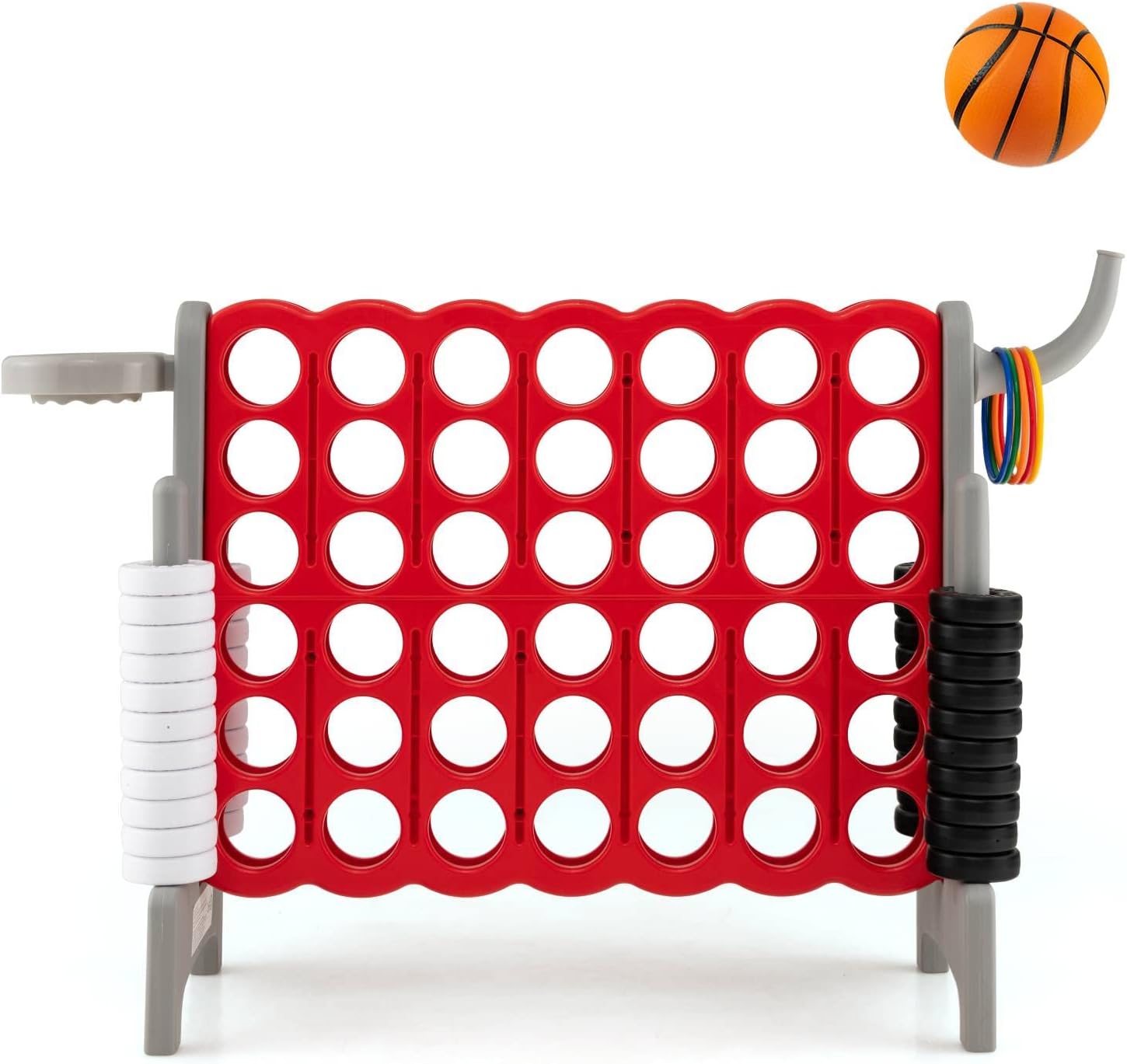 Maxmass Giant 4 in A Row, Four Connect Board Game Set with PU Basketball, 42 Jumbo Rings & Quick-Release Slider, Jumbo 4-to-Score Games for Indoor Outdoor (Grey)