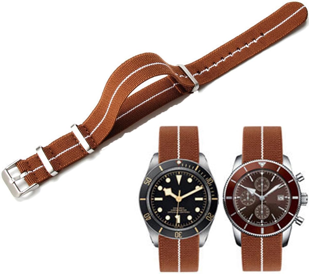 Nylon Elastic Watch Strap Military Parachute Style Watch Band 18mm 20mm 22mm Premium Striped Nylon One-Piece French Paratrooper Watchband Smartwatch Band Replacement Strap for Men Women