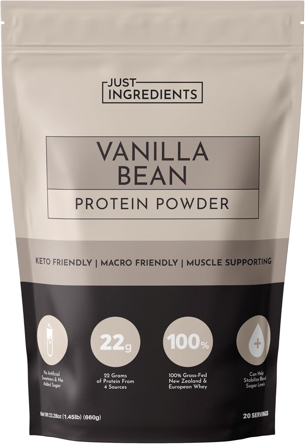 JUST INGREDIENTS Vanilla Bean Protein Powder – 20-Serving Blend with 100% Grass-Fed Whey & Organic Plant Proteins – Real Vanilla Bean & Cinnamon – Supports Muscle Recovery, Energy*