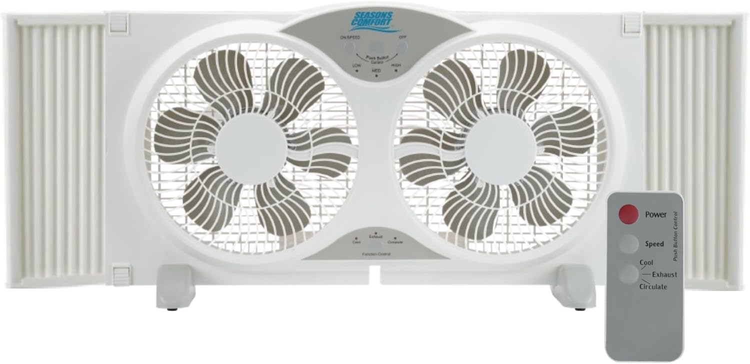 Seasons Comfort 9" Twin Window Fan, 3-Speed, Quiet Design, Portable, Remote Control, ETL Listed, Adjustable Extensions - Ideal for Home, Kitchen, Bedroom & Office