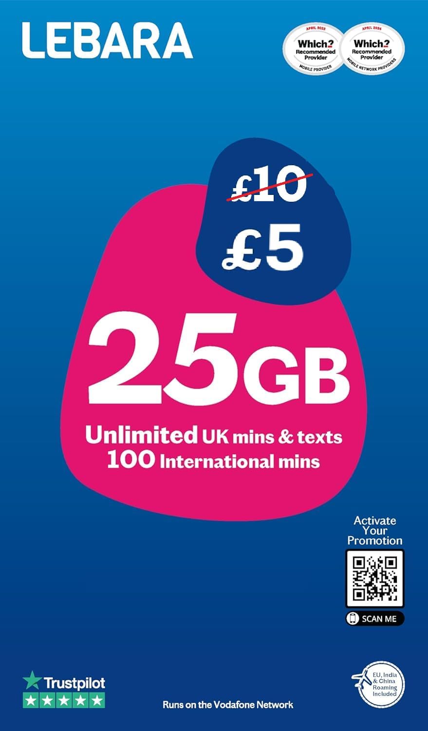 Lebara SIM Card: 25GB for £5, Half Price for First 3 Months, No Contract, UK Calls, UK Texts and International Calls Included, Multi-size, Fits All Devices