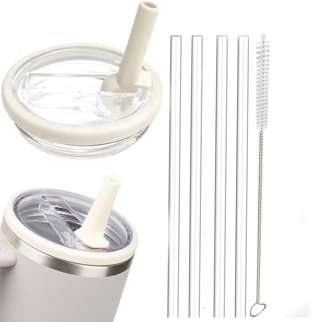 Leak Proof Lid for Stanley Cup,1 Pack 40 oz Tumbler Flip Straw Lid Replacement fit for Stanley Quencher 1.2L, Reusable Tumbler Cover Sets with 4 Straws and 1 Cleaning Brush (cream, 40 oz)
