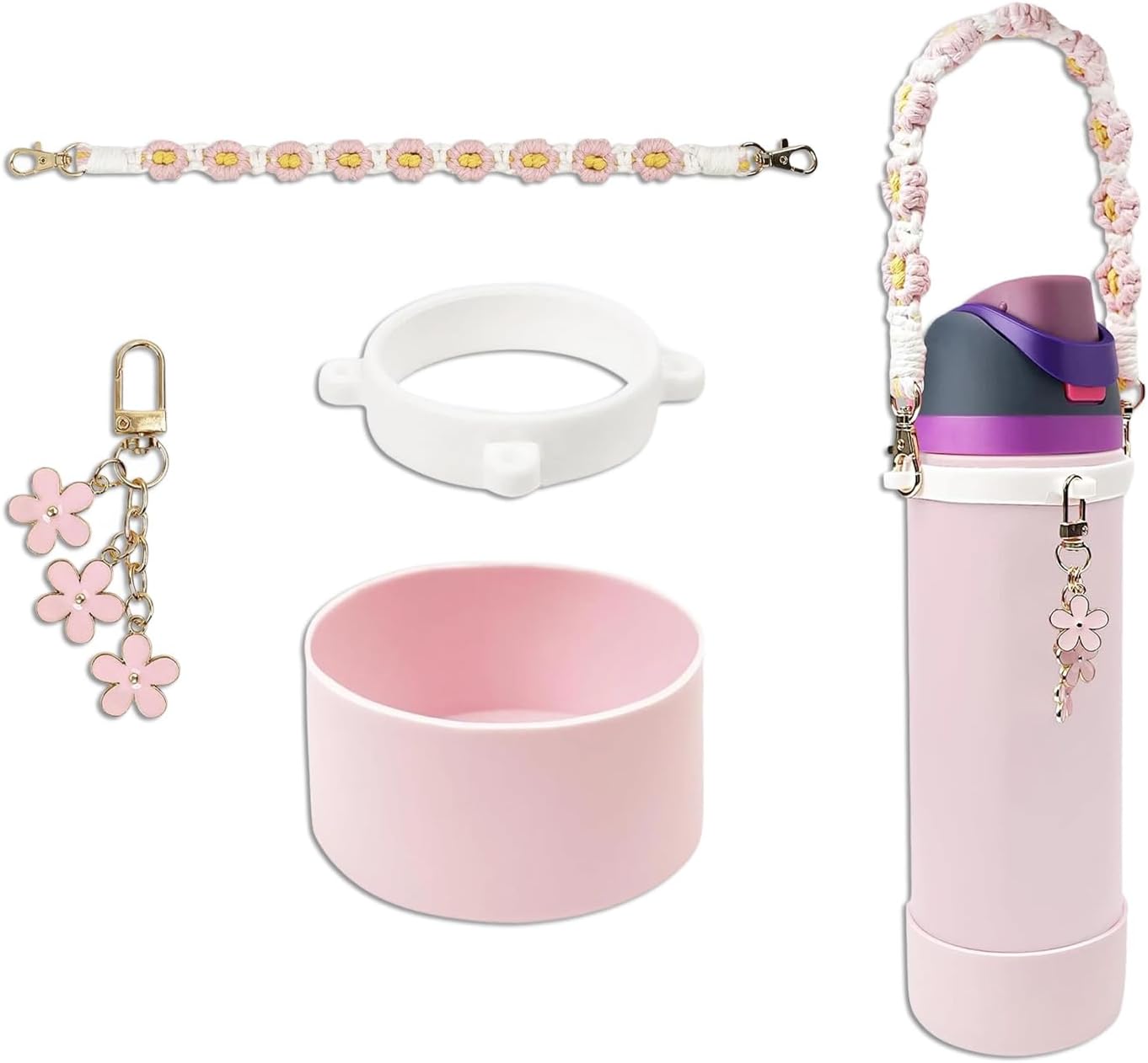 Huipalon 4 Pcs Cup Accessories Set for Owala Water Bottle 24OZ Silicone Boot for Owala Freesip Compatible with Owala Twist & Flip with Hand-Made Portable Strap & Floral Charm (Pink)