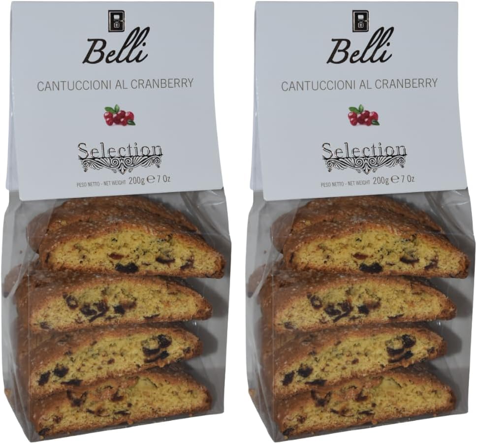Belli Cantuccini Italian Biscotti - Tuscan Almond Biscuits, Handcrafted with Selected Ingredients | Gourmet Double-Baked Cookies for Coffee & Tea | 200g x 2 Packs (Cranberry Cookies)