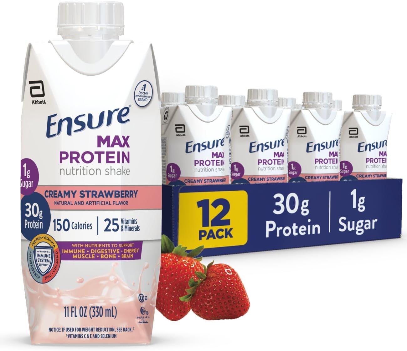 Ensure Max Protein Shake | Creamy Strawberry | Ready to Drink | 30g Protein for Muscle Health | 1g Sugar, 4g Fiber | 11 fl oz, 12 Pack