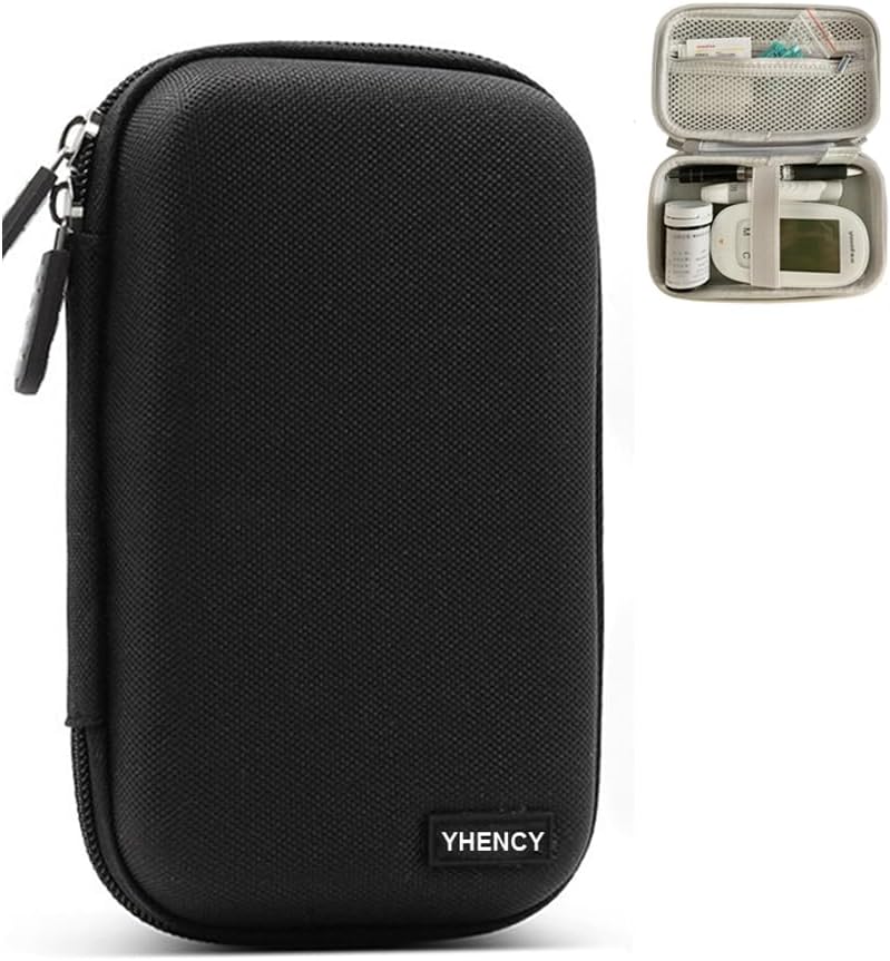 Hard Shell Diabetic Supply Bag Diabetes Travel Case Organizer for Blood Glucose Monitor Testing Kit with Meter, Blood Sugar Test Strips, Lancets, Lancing Device, Alcohol Wipe (A-Black, Small)