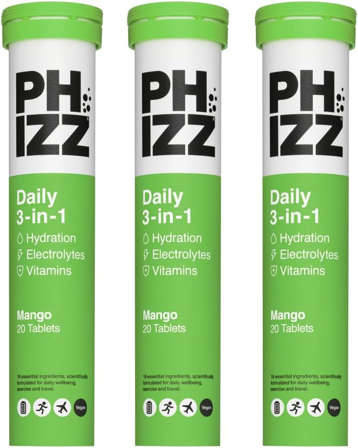 Phizz Electrolytes, Multivitamin & Hydration Tablets - 60 Effervescent Rehydration Electrolyte Tablets - 18 Vitamins & Minerals, Vitamin C, Vegan, Low Calorie (Mango, 60 Count (Pack of 1))