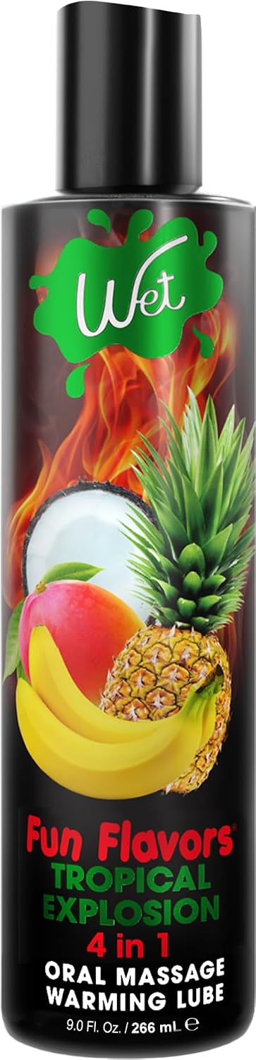 Wet Fun Flavors 4 in 1 Warming Tropical Explosion Flavored Lubricant 9 Fl Oz, Premium Personal Lubricant, Men, Women and Couples, Ideal for Foreplay & Massage, Paraben Free, Gluten, Stain & Sugar Free