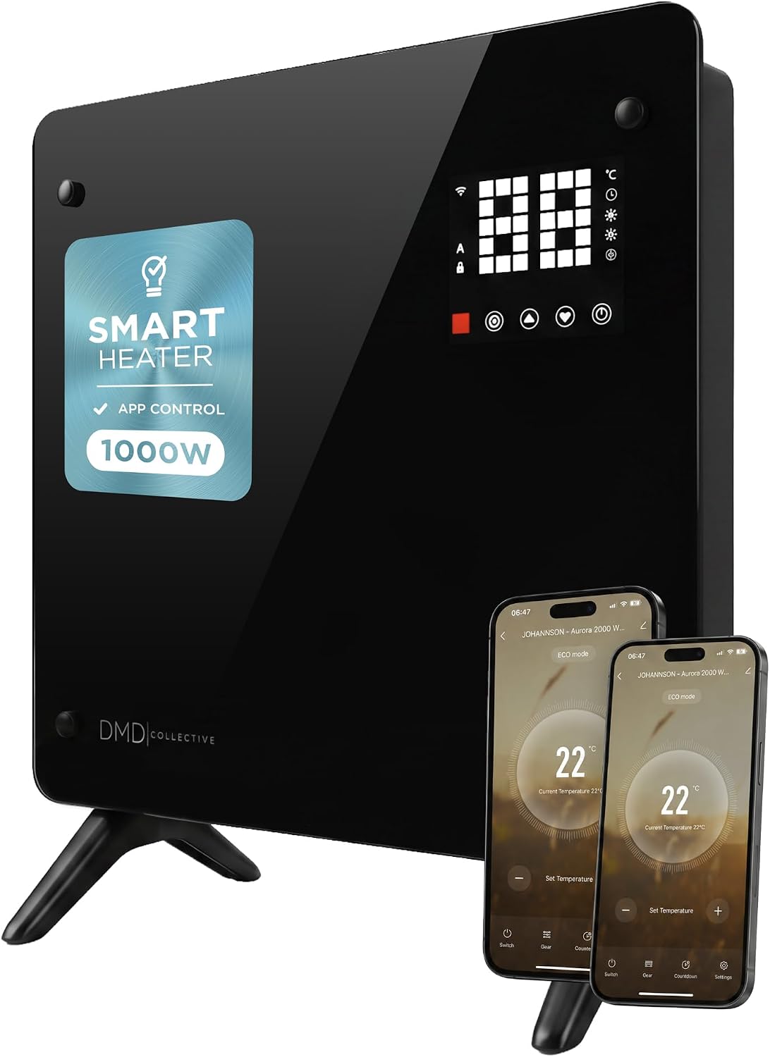 DMD Collective - Glass Panel Heater, 1000W, Smart WiFi App Control, Black