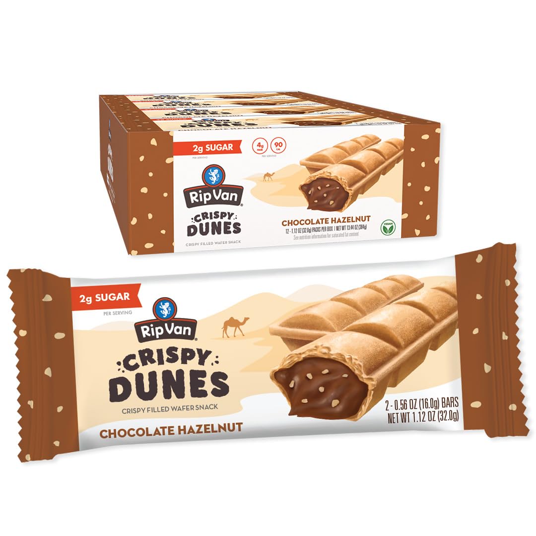 Crispy Dunes Vegan Chocolate Hazelnut Wafer Sticks – Low-Calorie Keto Snack with Hazelnut Cream Filling, 90 Calories, Non-GMO, Prebiotic Fiber - 12 Pack