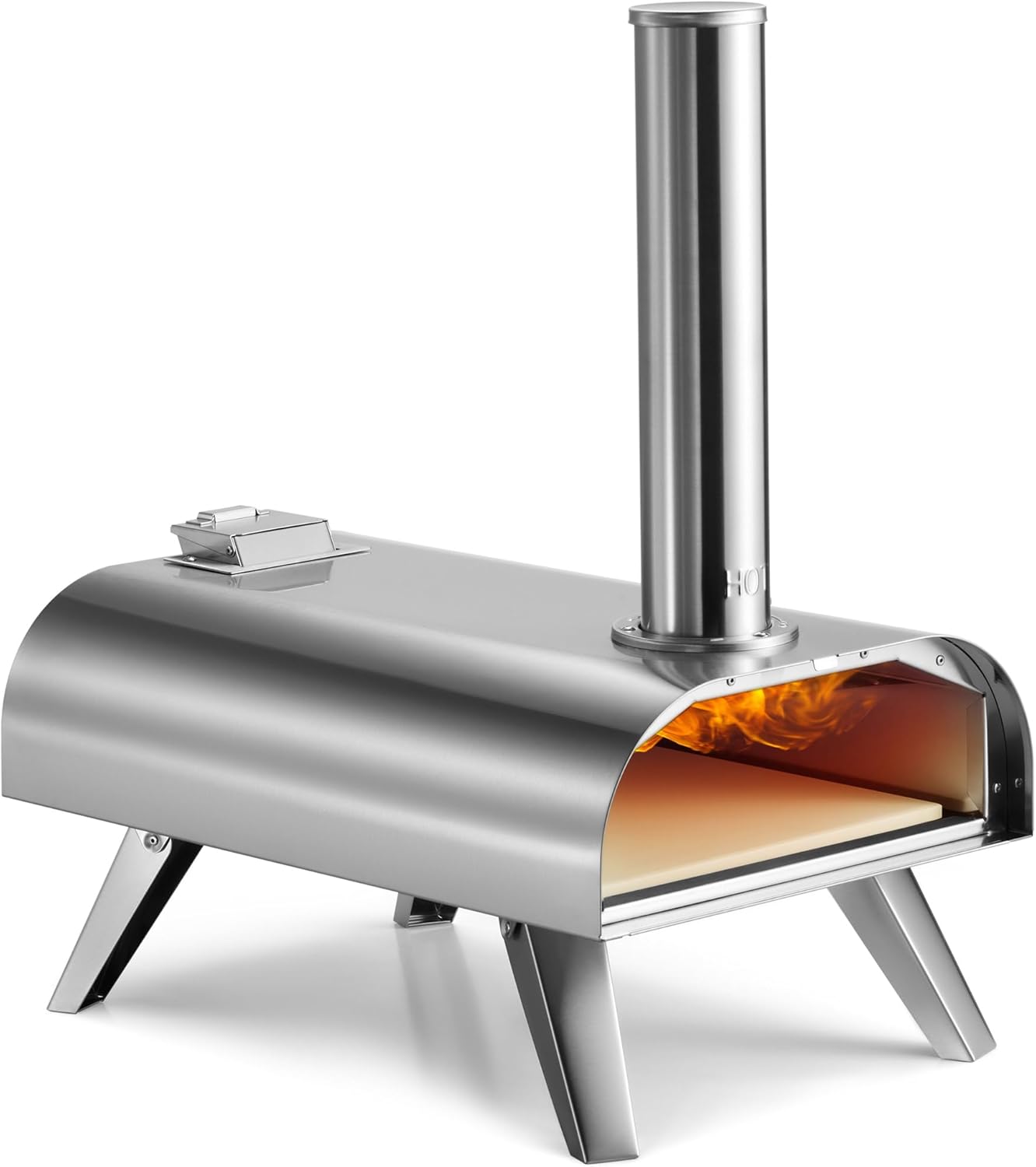 VonHaus Pizza Oven Outdoor – For Tabletop with Stone Included – Stainless Steel, Pellet Fuelled, Removable Chimney, Foldable Legs – For up to 12” Dough – Can Also Smoke Meat, Fish & Veg