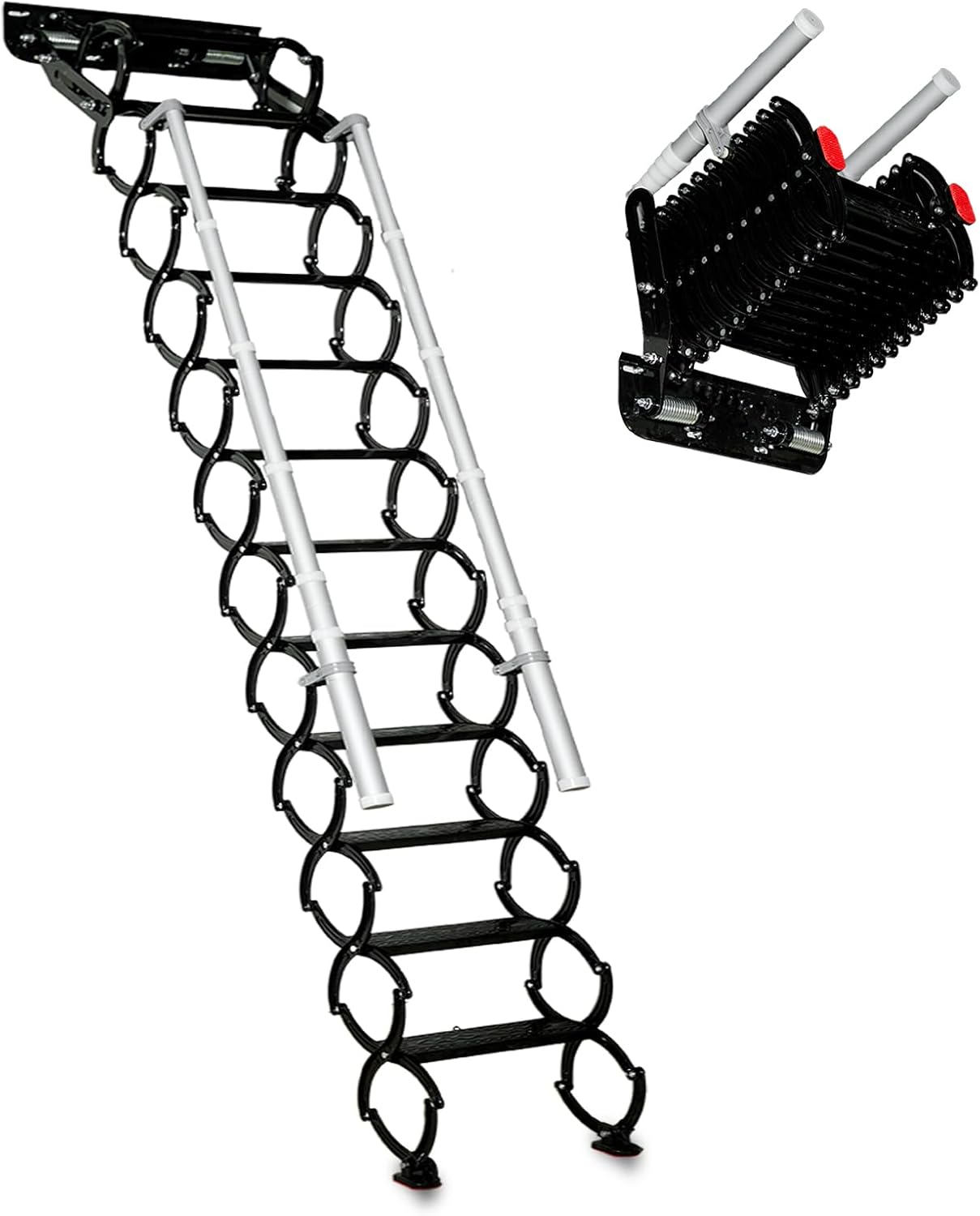 Wall Mounted Folding Ladder with Handrails, Pull Down System Attic Stairs, Telescopic Attic Ladder, Applicable Height 9.6-10ft, Attic, Basement, Warehouse, Passage Folding Stair (Black, 12 Steps)