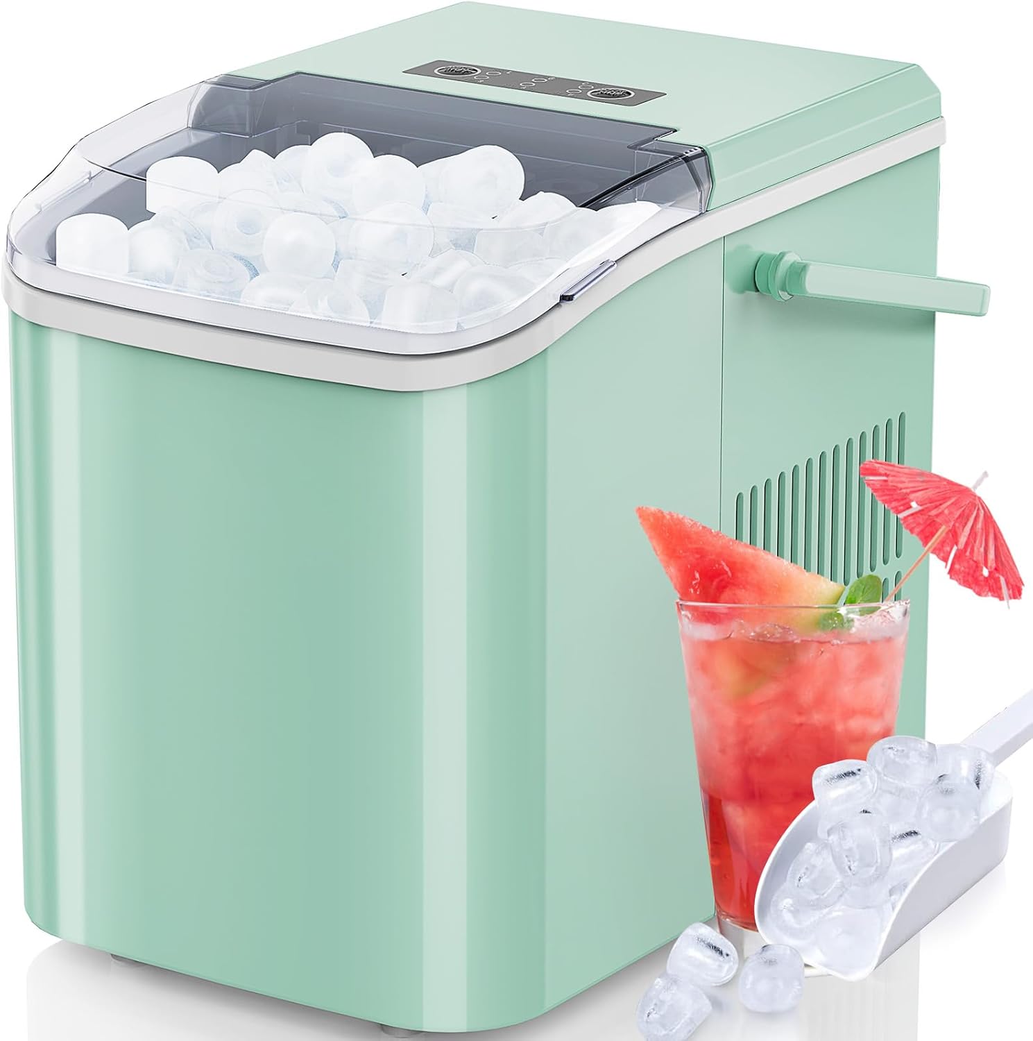 DUMOS Ice Makers Countertop with Handle Ice Machine, Fast in 6 Mins, 26lbs in 24 Hours, Quiet Self-Cleaning, Compact Size Portable for Home, Kitchen, RV, Camping,Modern Green