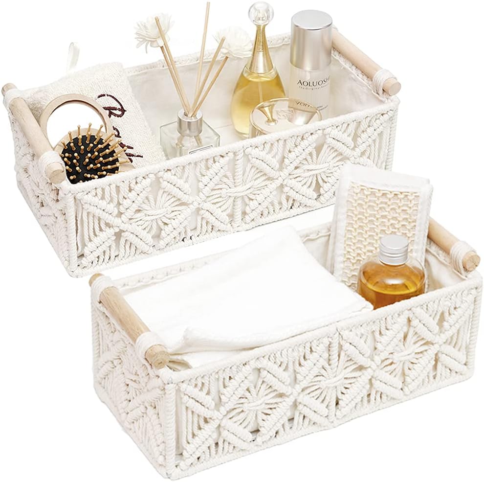HOSROOME Macrame Storage Basket Boho Decor Baskets for Organizing Woven Decorative for Countertop Toilet Paper Basket for Tank Top for Home Decor Bedroom Nursery Livingroom Entryway (Set of 2)