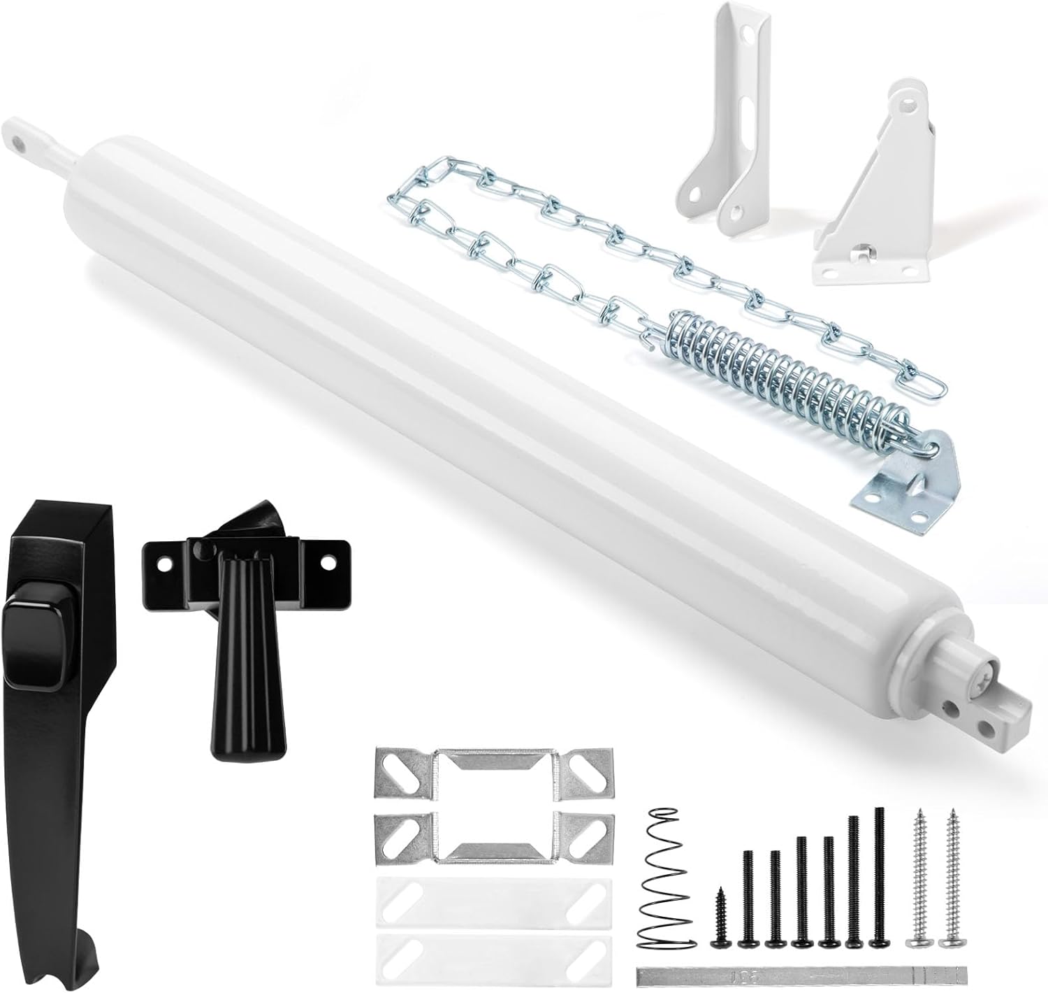 Screen and Storm Door Closer Kit, All in ONE, Closer for Heavy Storm Doors | Screen and Storm Door Push Button Latch Set | Storm Door Protector Chain and Spring