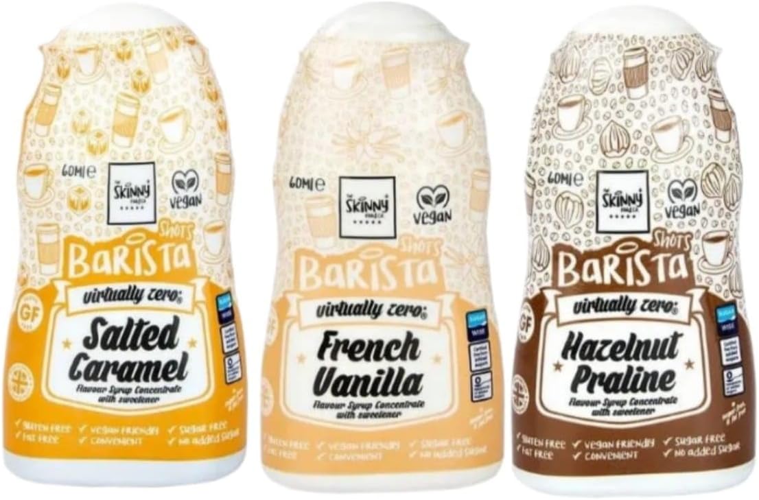 The Skinny Food Coffee Flavour Vegan Syrup Bundle Pack - Salted Caramel, French Vanilla & Hazelnut Praline Concentrate with sweetener 60ml x Pack of 3