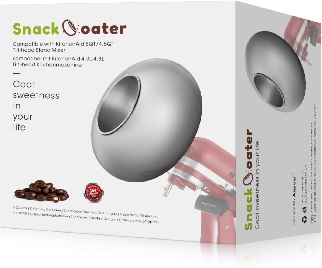 Aieve Snack Coater Compatible with KitchenAid Tilt-Head Stand Mixer for Making Chocolate Covered Almonds, Pistachio, Peanut, Freeze Dried Strawberry, Raisin, Macadamia Nuts and Blueberry