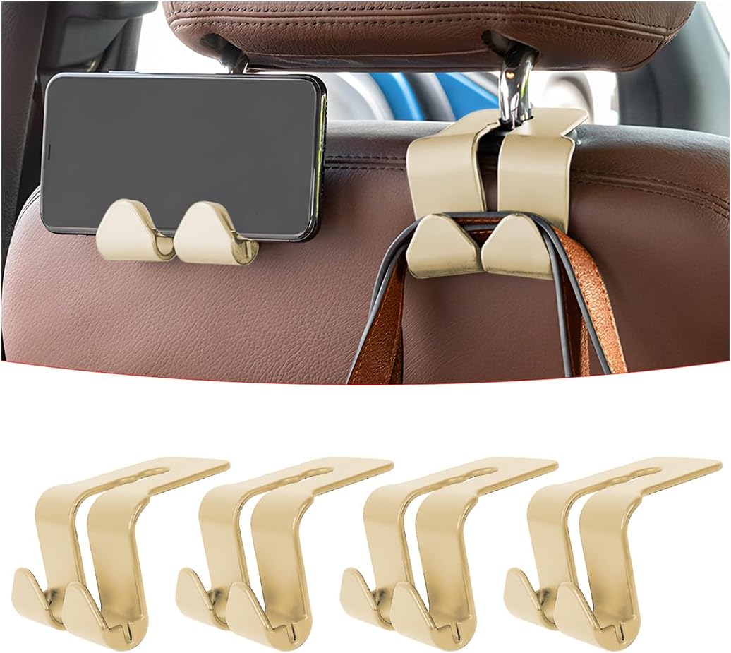 CGEAMDY 4 Pcs Car Headrest Hook, Dual Hangers for Auto Seat Back, 2 in 1 Seat Head Rest Hanger, Auto Interior Storage Organizer for Purse Bag Coat Grocery, Phone Holder, Fit for All Cars (Beige)