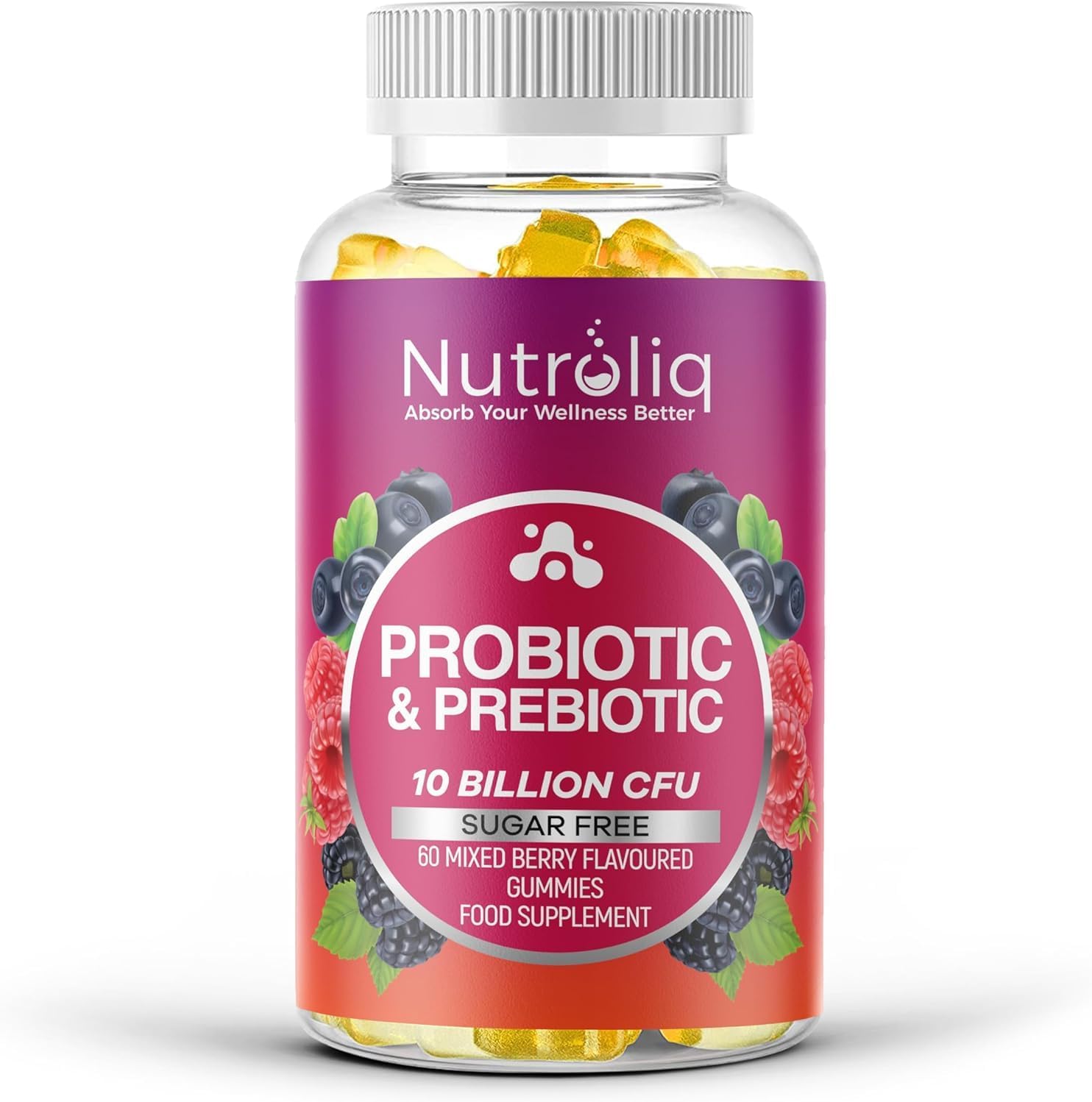 Nutroliq Prebiotic & Probiotic Sugar-Free Gummies - Gut Health Supplements for Women, Men, Kids to Support Digestive System, Immune System Booster - 10 Billion CFU Per Serving, Vegan - 60 Gummies