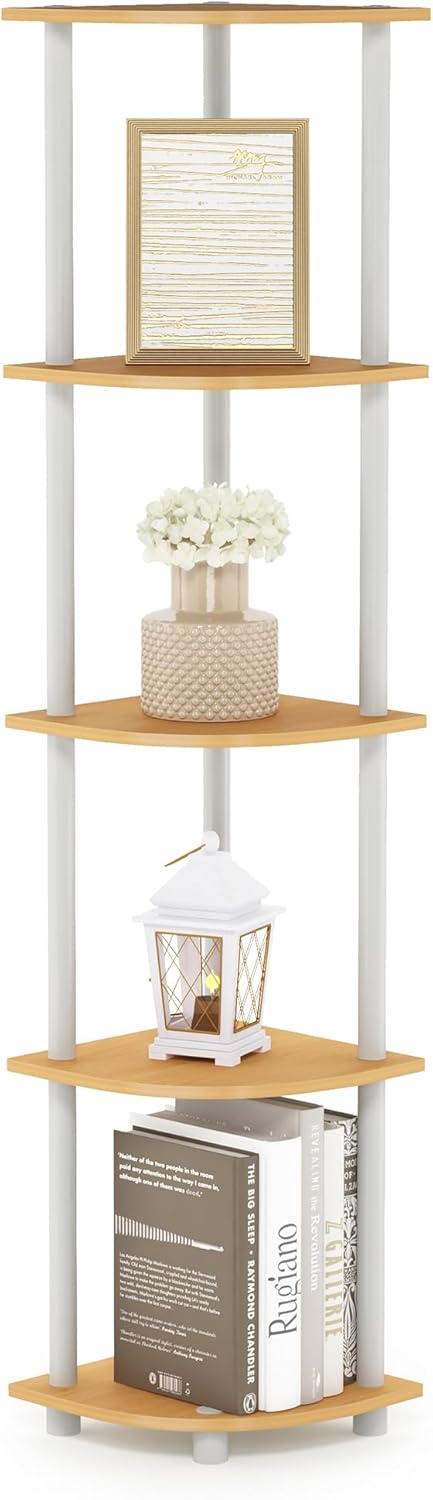 Furinno Turn-N-Tube 5 Tier Corner Display Rack Multipurpose Shelving Unit, Beech/White