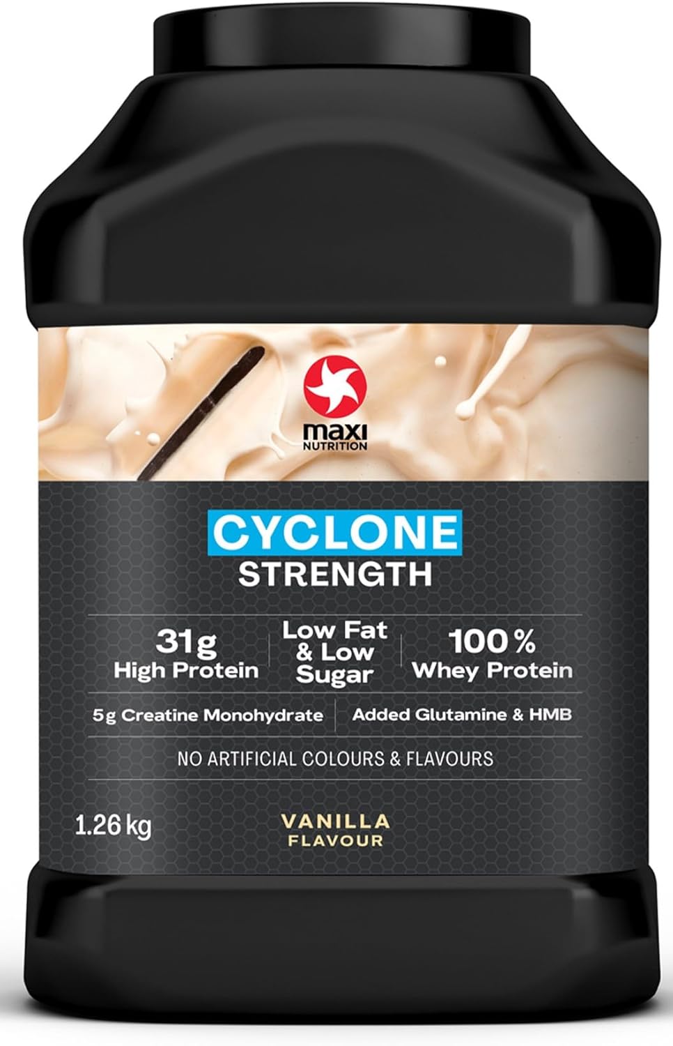 MaxiNutrition - Cyclone, Vanilla - Premium Whey Protein Powder with Added Creatine – Low in Sugar and Fat, Vegetarian-Friendly - 31g Protein, 206 kcal per Serving, 1.26kg