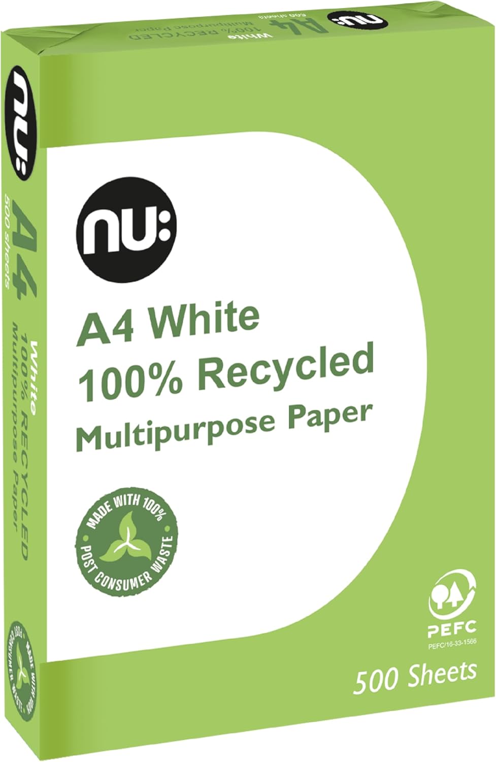 nu: A4 Recycled Multipurpose Paper | White | 500 Sheets | Smooth Surface | Suitable for Inkjet, Laser & Copier Use | Ideal for Home & Office